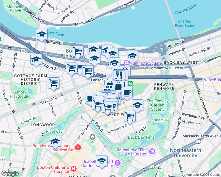 map of restaurants, bars, coffee shops, grocery stores, and more near 95 Brookline Avenue in Boston