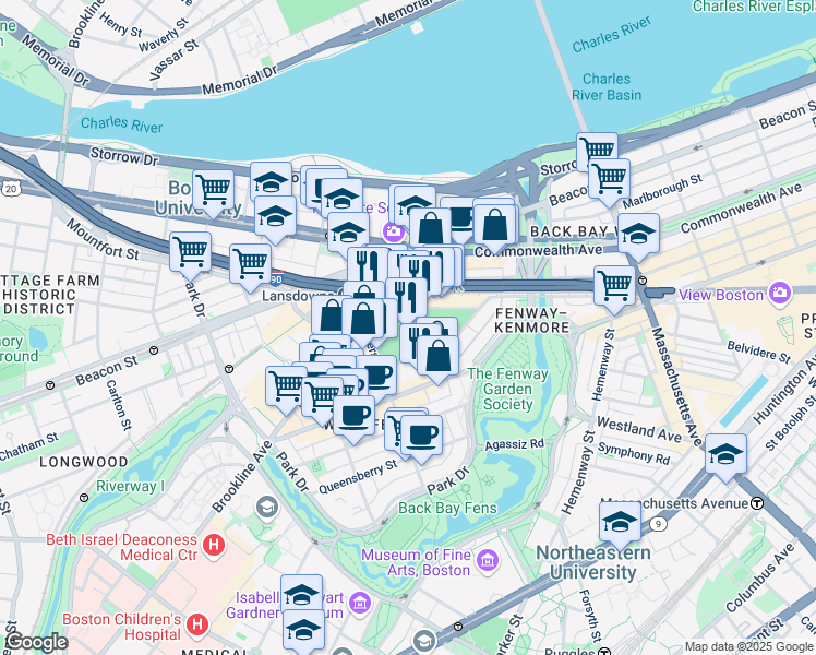 map of restaurants, bars, coffee shops, grocery stores, and more near 24 Yawkey Way in Boston