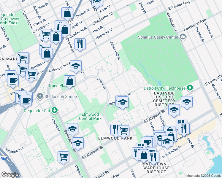 map of restaurants, bars, coffee shops, grocery stores, and more near 1900 Chene in Detroit