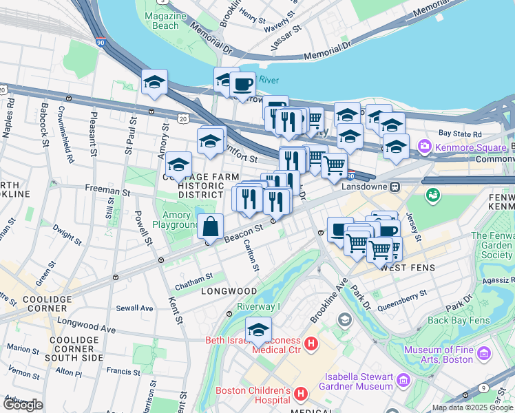 map of restaurants, bars, coffee shops, grocery stores, and more near 1009 A Beacon Street in Brookline
