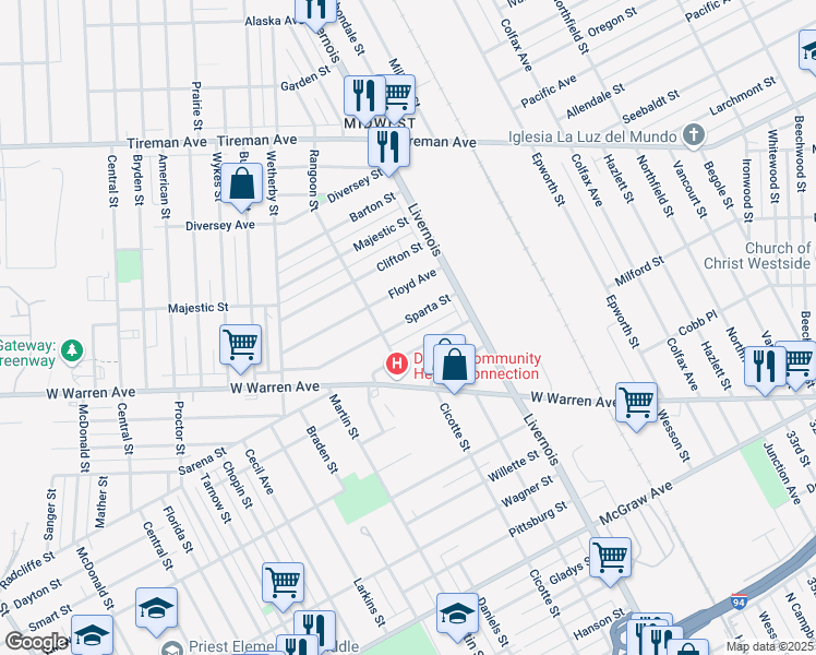 map of restaurants, bars, coffee shops, grocery stores, and more near 6437 Sparta Street in Detroit