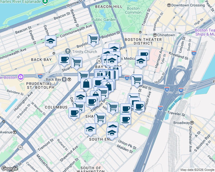 map of restaurants, bars, coffee shops, grocery stores, and more near in Boston