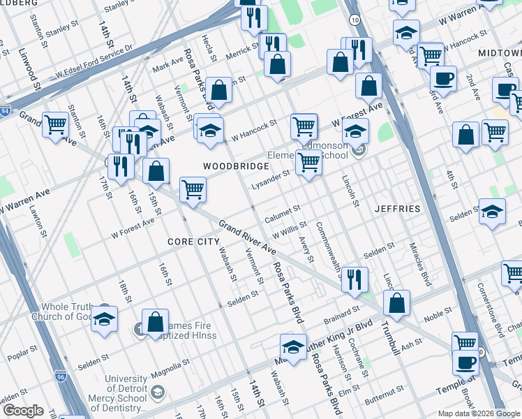 map of restaurants, bars, coffee shops, grocery stores, and more near 4340 Rosa Parks Boulevard in Detroit