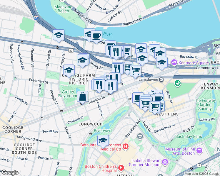 map of restaurants, bars, coffee shops, grocery stores, and more near in Brookline
