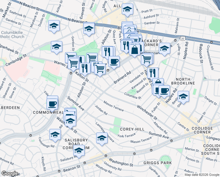 map of restaurants, bars, coffee shops, grocery stores, and more near in Boston