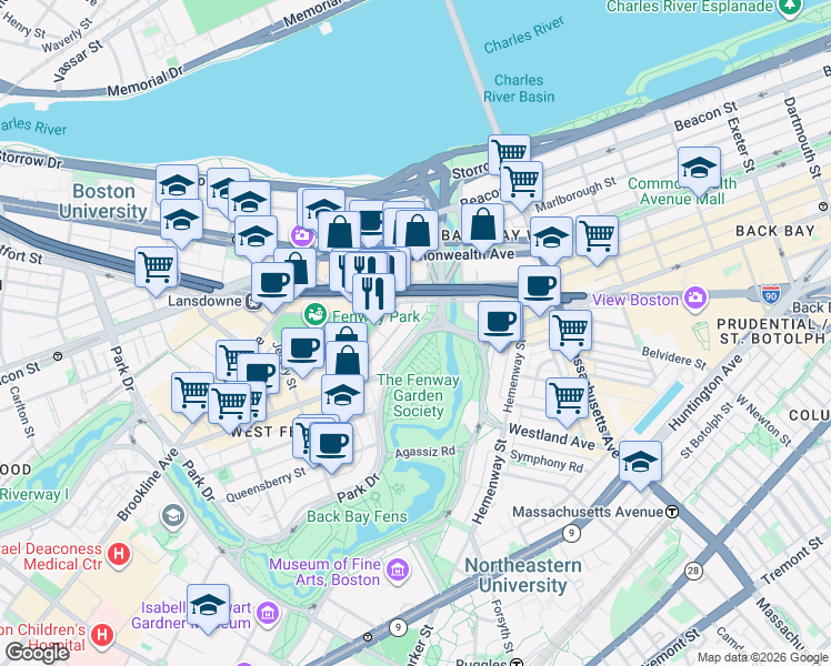 map of restaurants, bars, coffee shops, grocery stores, and more near 1165 Boylston Street in Boston