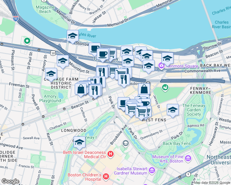 map of restaurants, bars, coffee shops, grocery stores, and more near 880 Beacon Street in Boston