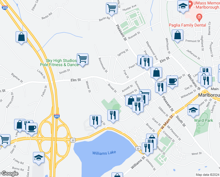 map of restaurants, bars, coffee shops, grocery stores, and more near 216 Broad Street in Marlborough