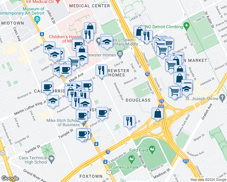 map of restaurants, bars, coffee shops, grocery stores, and more near 434 Watson Street in Detroit