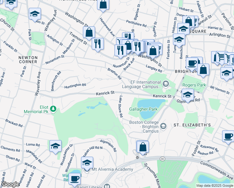 map of restaurants, bars, coffee shops, grocery stores, and more near 23 Lake Shore Court in Boston