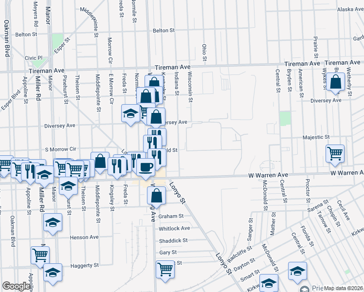 map of restaurants, bars, coffee shops, grocery stores, and more near 7410 Indiana Street in Dearborn