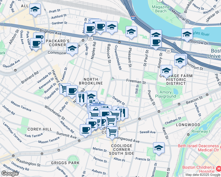 map of restaurants, bars, coffee shops, grocery stores, and more near 99 Babcock Street in Brookline