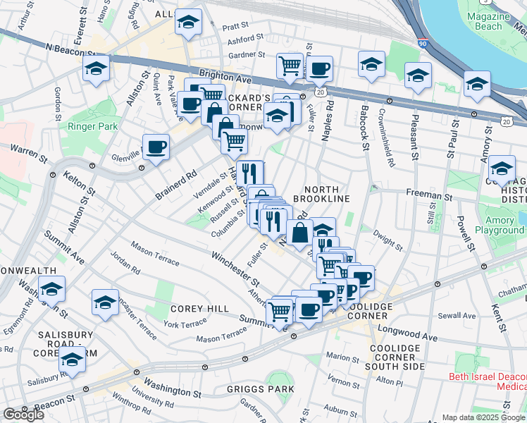 map of restaurants, bars, coffee shops, grocery stores, and more near 79 Coolidge Street in Brookline