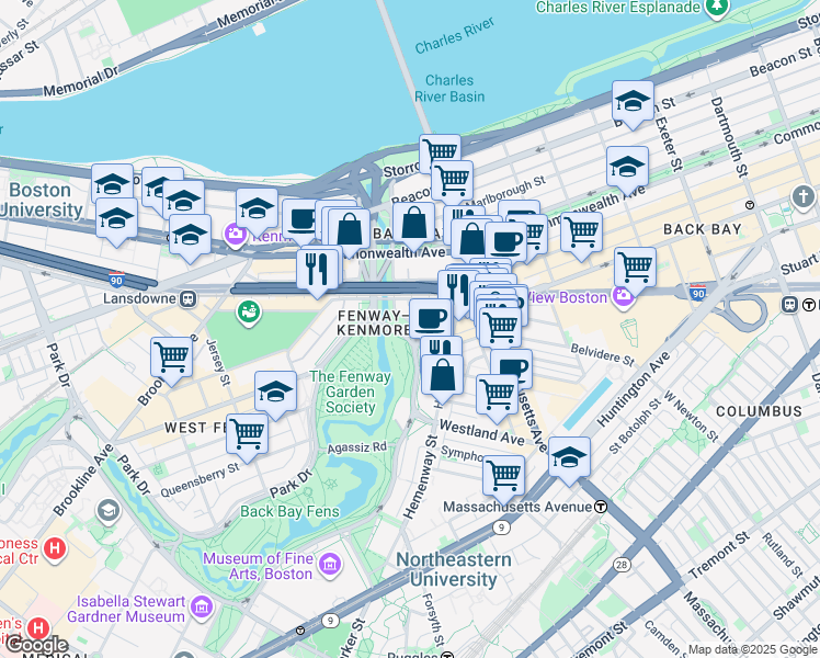 map of restaurants, bars, coffee shops, grocery stores, and more near 3780 Boylston Street in Boston