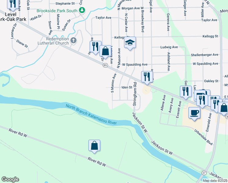 map of restaurants, bars, coffee shops, grocery stores, and more near 77 South Mason Avenue in Battle Creek