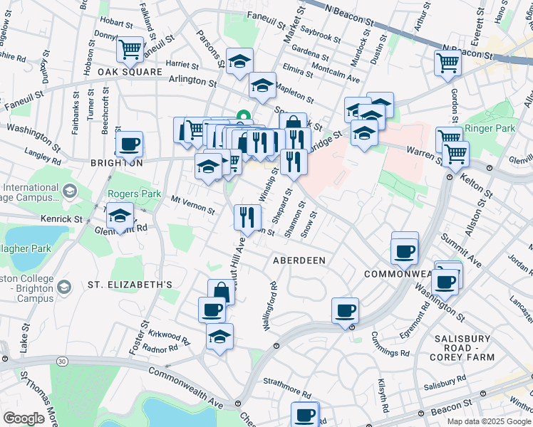 map of restaurants, bars, coffee shops, grocery stores, and more near 39 Shepard Street in Boston