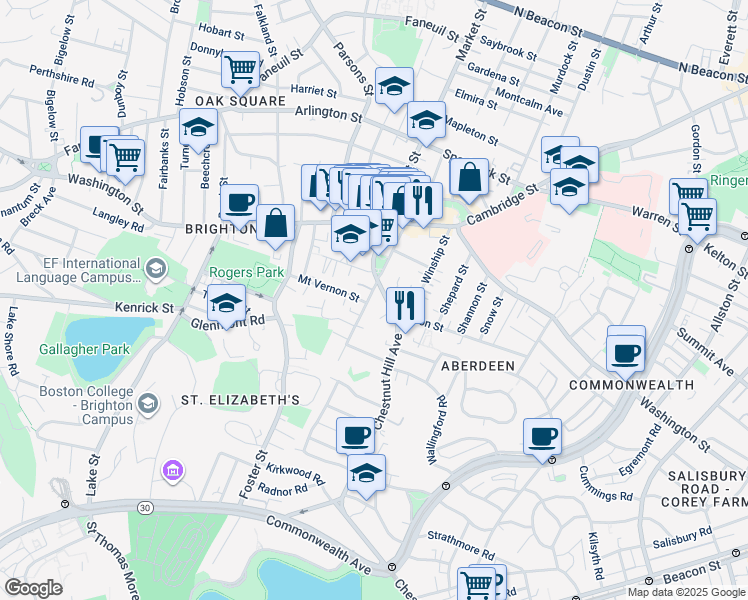 map of restaurants, bars, coffee shops, grocery stores, and more near 82 Academy Hill Road in Boston