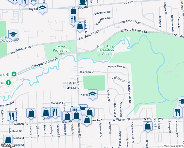 map of restaurants, bars, coffee shops, grocery stores, and more near 27223 Clairview Drive in Dearborn Heights