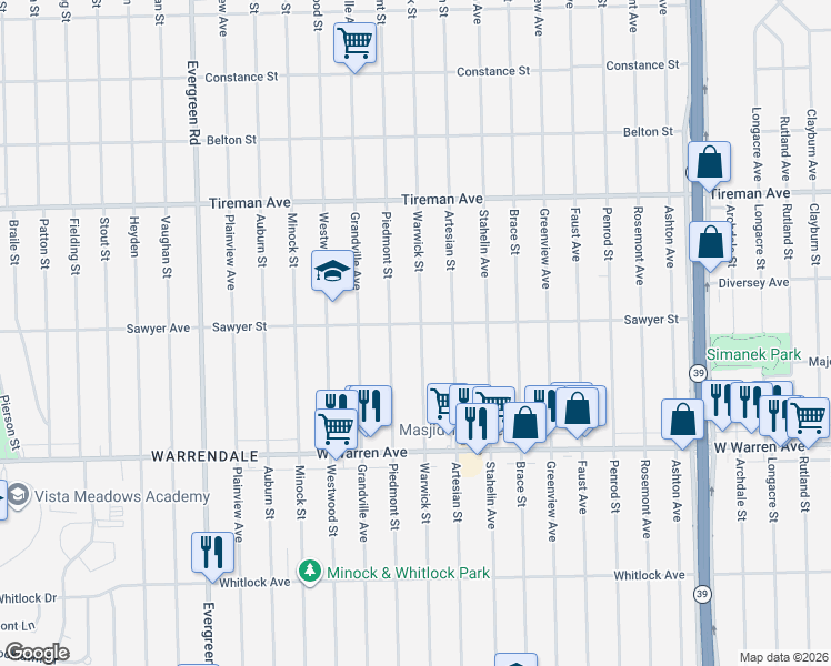 map of restaurants, bars, coffee shops, grocery stores, and more near 7429 Warwick Street in Detroit