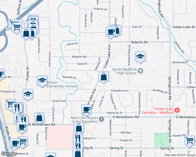 map of restaurants, bars, coffee shops, grocery stores, and more near 1767 Crater Lake Avenue in Medford
