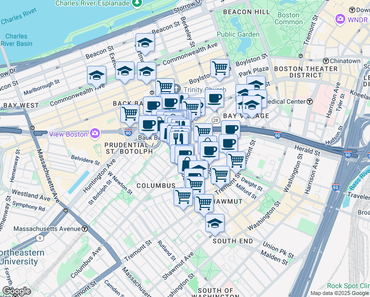map of restaurants, bars, coffee shops, grocery stores, and more near in Boston