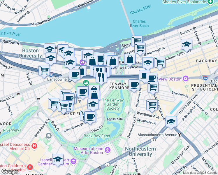 map of restaurants, bars, coffee shops, grocery stores, and more near 1179 Boylston Street in Boston