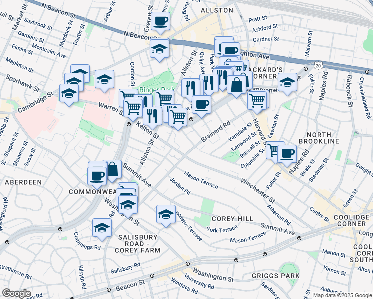 map of restaurants, bars, coffee shops, grocery stores, and more near 239 Kelton Street in Boston