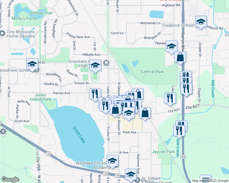 map of restaurants, bars, coffee shops, grocery stores, and more near 62 Pine Street in Grayslake