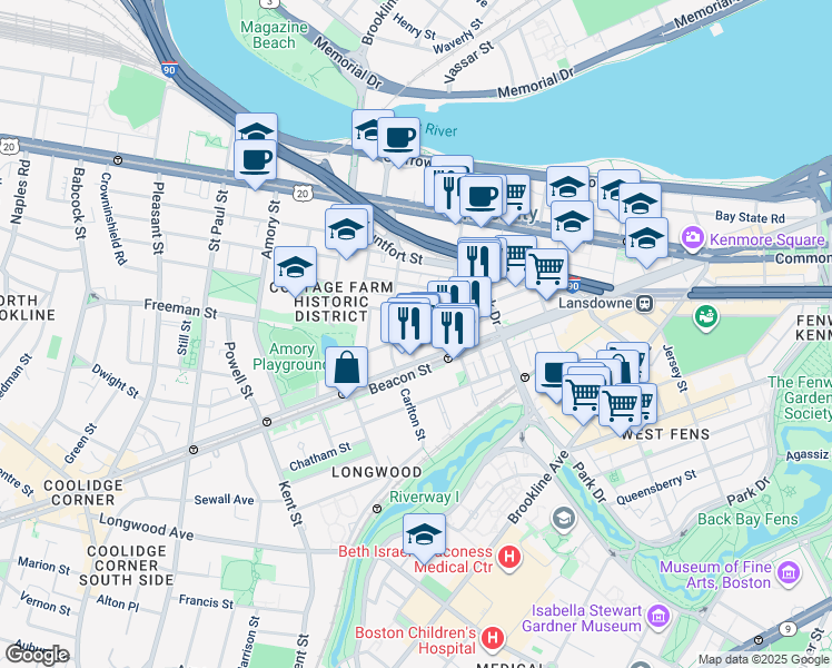 map of restaurants, bars, coffee shops, grocery stores, and more near 1026 Beacon Street in Brookline
