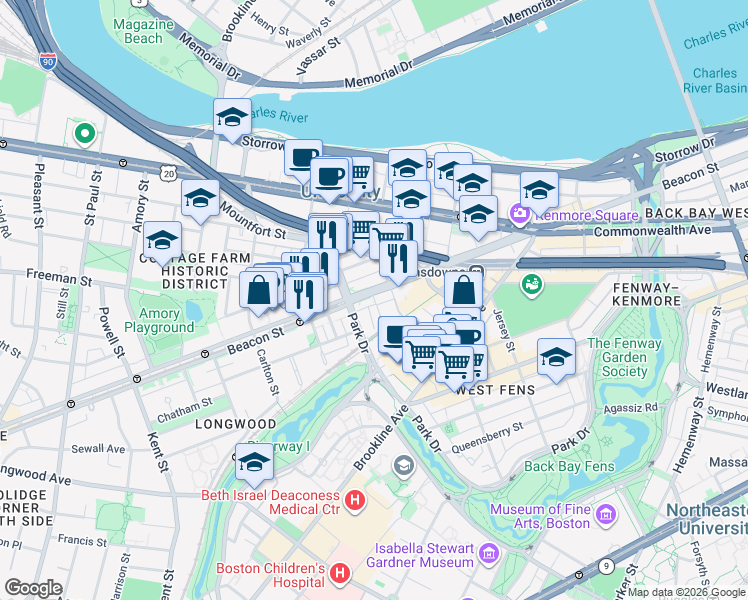 map of restaurants, bars, coffee shops, grocery stores, and more near 880 Beacon Street in Boston
