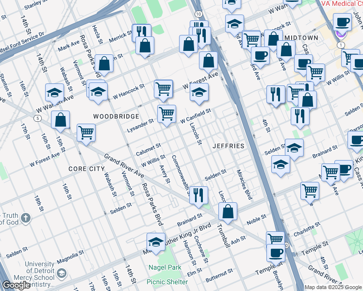 map of restaurants, bars, coffee shops, grocery stores, and more near 4203 Trumbull in Detroit