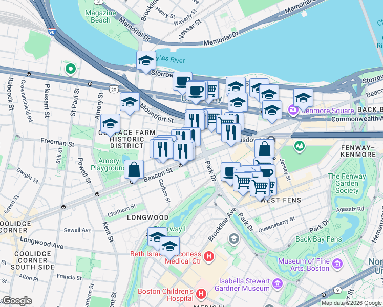 map of restaurants, bars, coffee shops, grocery stores, and more near 912 Beacon Street in Boston