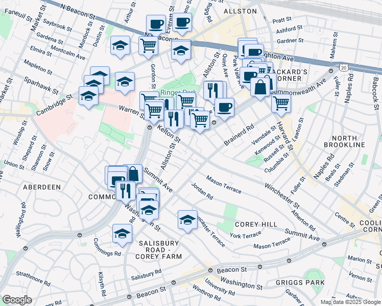 map of restaurants, bars, coffee shops, grocery stores, and more near 225 Kelton Street in Allston