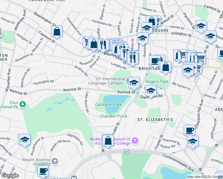 map of restaurants, bars, coffee shops, grocery stores, and more near 78 Kenrick Street in Boston