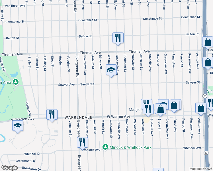 map of restaurants, bars, coffee shops, grocery stores, and more near 19421 Sawyer Street in Detroit