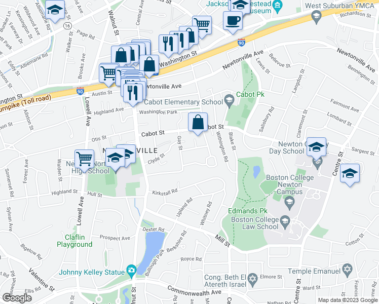 map of restaurants, bars, coffee shops, grocery stores, and more near 36 Frederick Street in Newton