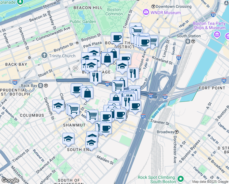 map of restaurants, bars, coffee shops, grocery stores, and more near 100 Shawmut Avenue in Boston