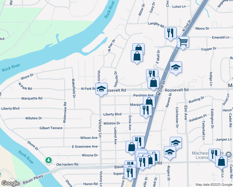 map of restaurants, bars, coffee shops, grocery stores, and more near 404 Pershing Avenue in Machesney Park