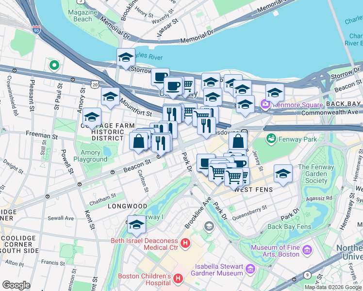 map of restaurants, bars, coffee shops, grocery stores, and more near Massachusetts 2 & Park Drive in Boston