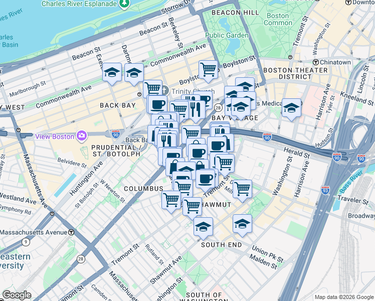 map of restaurants, bars, coffee shops, grocery stores, and more near in Boston