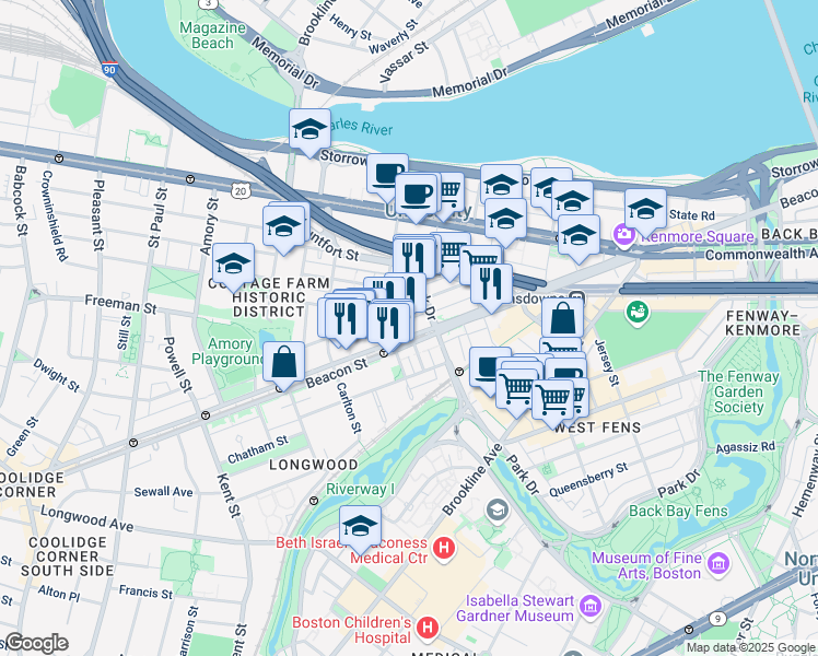 map of restaurants, bars, coffee shops, grocery stores, and more near 912 Beacon Street in Boston