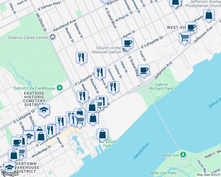 map of restaurants, bars, coffee shops, grocery stores, and more near 484 Bellevue Street in Detroit