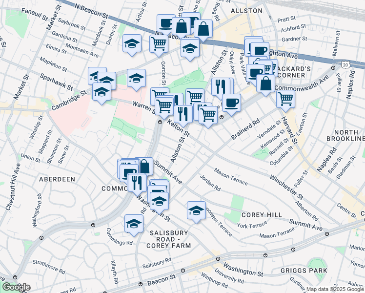 map of restaurants, bars, coffee shops, grocery stores, and more near in Boston