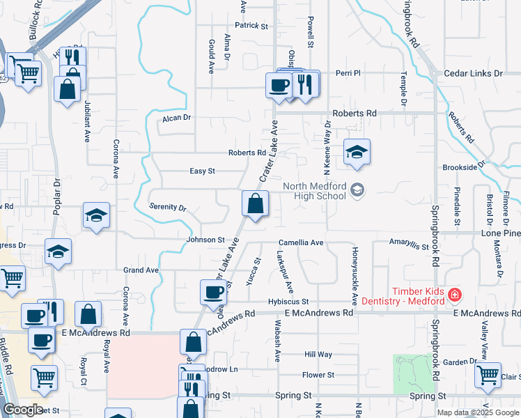 map of restaurants, bars, coffee shops, grocery stores, and more near 1800 Crater Lake Avenue in Medford