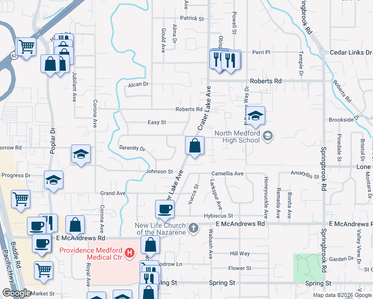 map of restaurants, bars, coffee shops, grocery stores, and more near 1767 Crater Lake Avenue in Medford