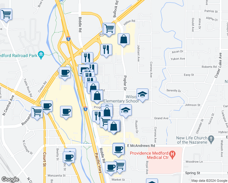 map of restaurants, bars, coffee shops, grocery stores, and more near 1220 Morrow Road in Medford