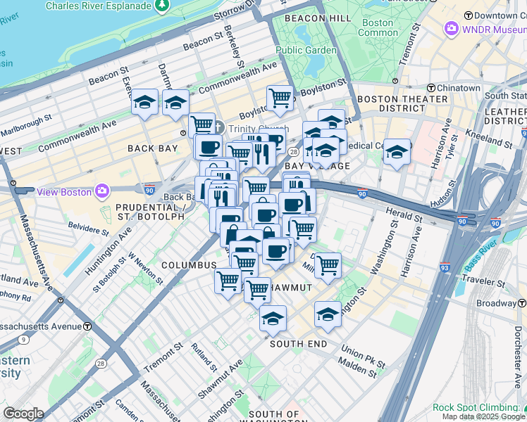 map of restaurants, bars, coffee shops, grocery stores, and more near in Boston