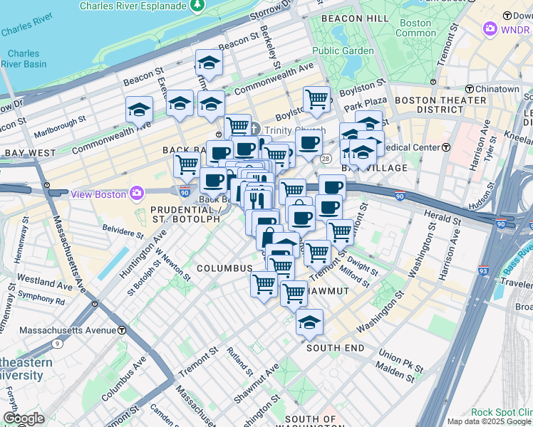 map of restaurants, bars, coffee shops, grocery stores, and more near in Boston