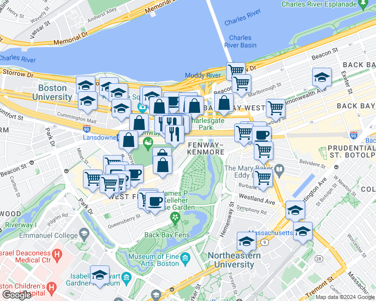 map of restaurants, bars, coffee shops, grocery stores, and more near 1179 Boylston Street in Boston