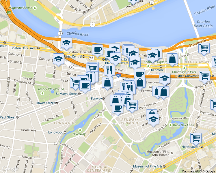 map of restaurants, bars, coffee shops, grocery stores, and more near 9 Miner Street in Boston
